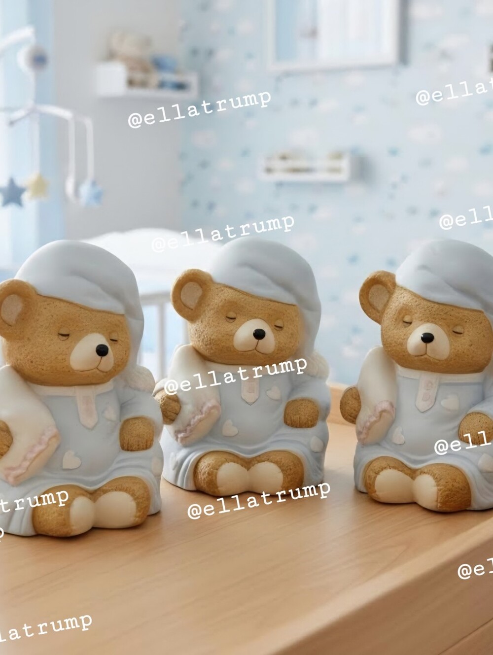 Set of 3 Vtg Ready for Bed Blue Sleeping Bear Night Light Lamps(lights not incl)